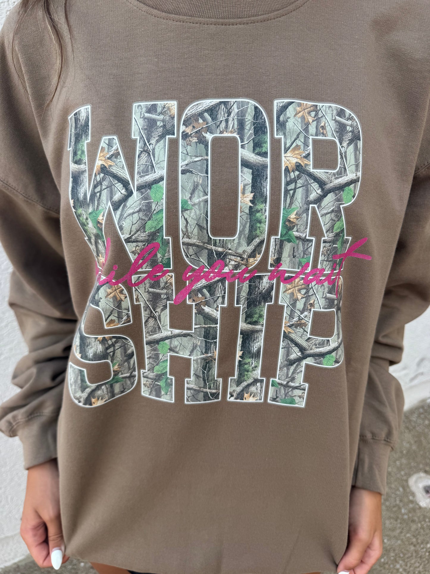 Worship While You Wait Camo Crewneck Sweatshirt