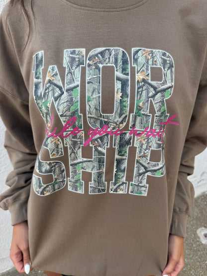 Worship While You Wait Camo Crewneck Sweatshirt